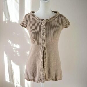 Y2K Tan Knit Short Sleeve Button Front Preppy Women's Sweater Cardigan